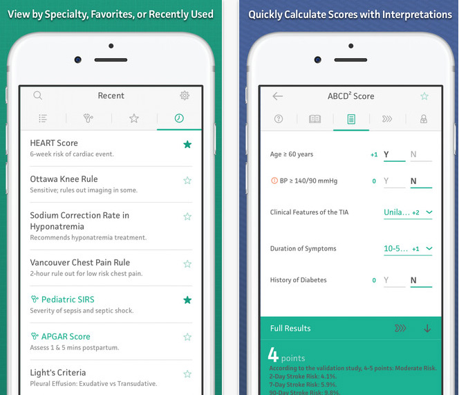 MDCalc clinical decision tools app showing risk score calculators