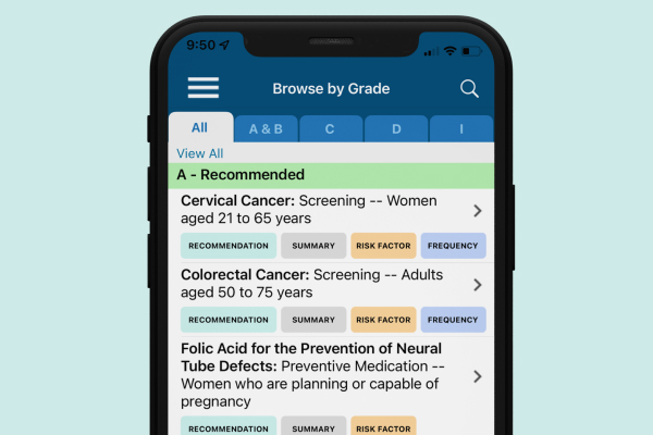 Prevention TaskForce app showing preventive care screening recommendations