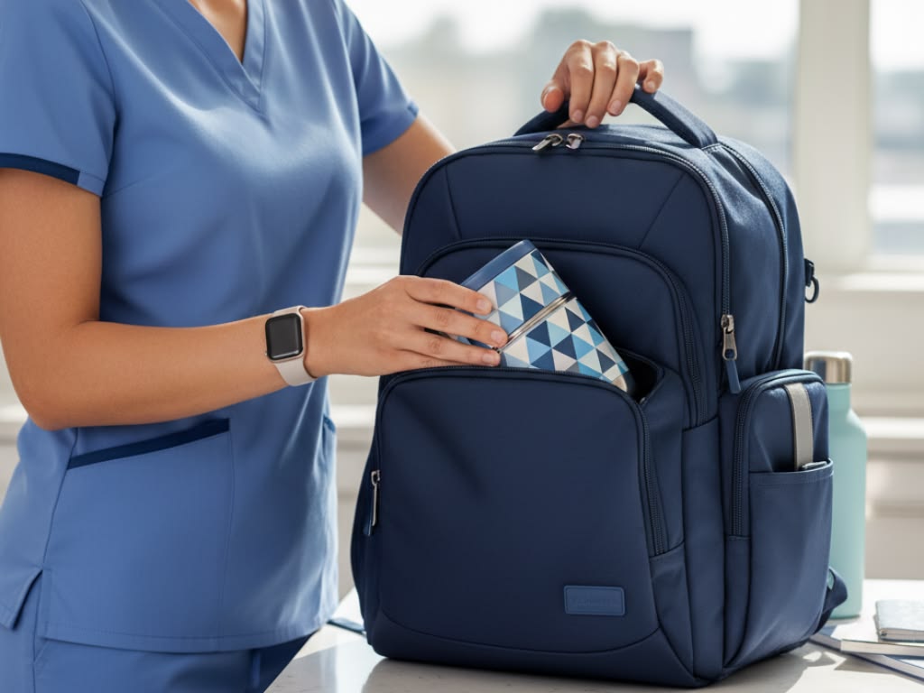 Scrub backpack with separate compartments for shoes, laptop, stethoscope and lunch
