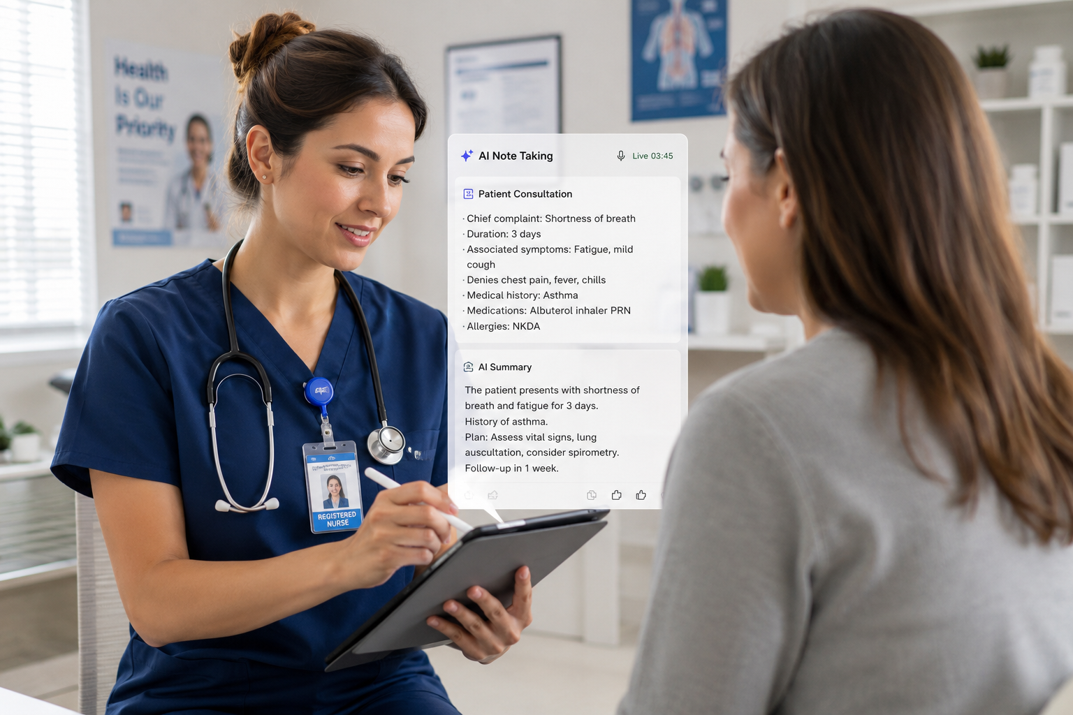 A nurse using an AI note-taking tool during a patient consultation to reduce clinical note burden